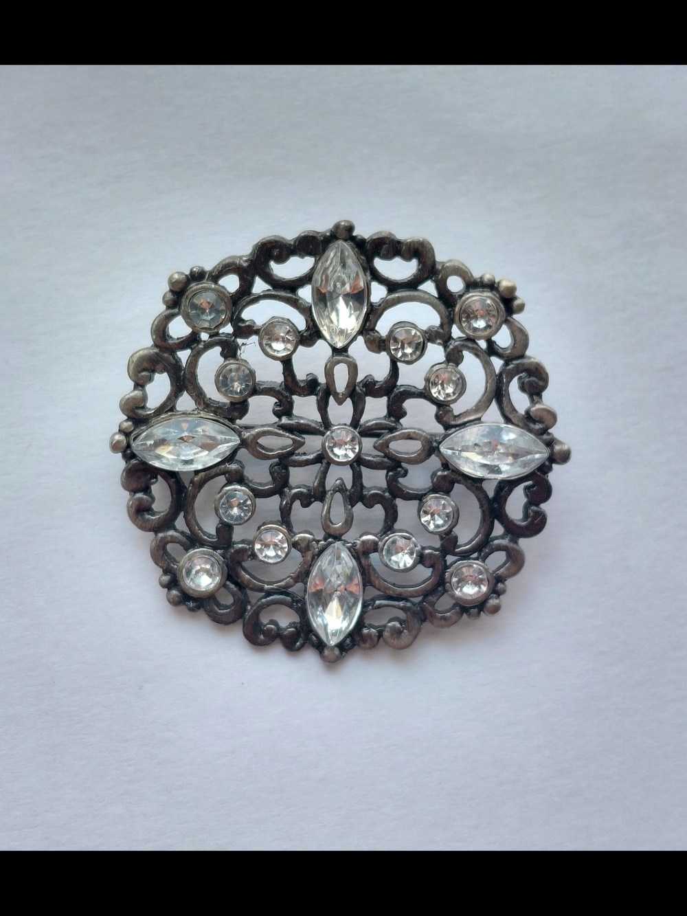 Vintage Ornate Filigree Dark Metal and Rhinestone Brooch Pin